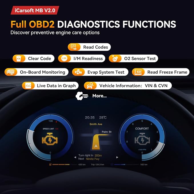 iCarsoft MB V2.0 fit for Mercedes Benz/Sprinter/Smart, Full Systems Diagnostic Tool, OBD2 Scanner with 8 Resets/Live Data/Battery Test/Module Info, Lifetime F-Ree Update