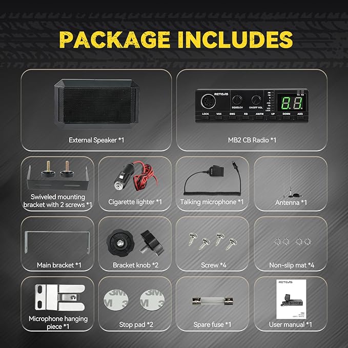 Retevis MB2 CB Radio, Professional AM/FM 40 Channels CB Base Station, 5W Mini External Speaker, Cigarette Lighter and Magnetic Antenna, Squelch ASQ, VOX, Auto-Scan, Long Range CB Radios for Truckers