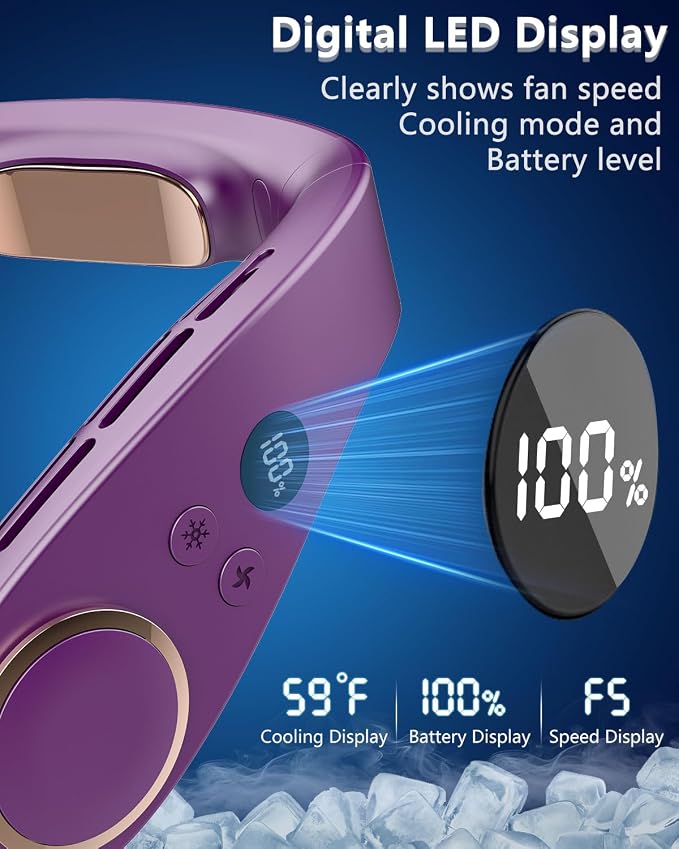 FWV Neck Air Conditioner with Cooling Plate, 1S Quick Cool 59℉, Rechargeable 5500mAh 3-24Hrs Lasting, LED Display Wearable Neck AC, Cordless Bladeless Personal Cooling Fan for Kid Adult Girl Purple