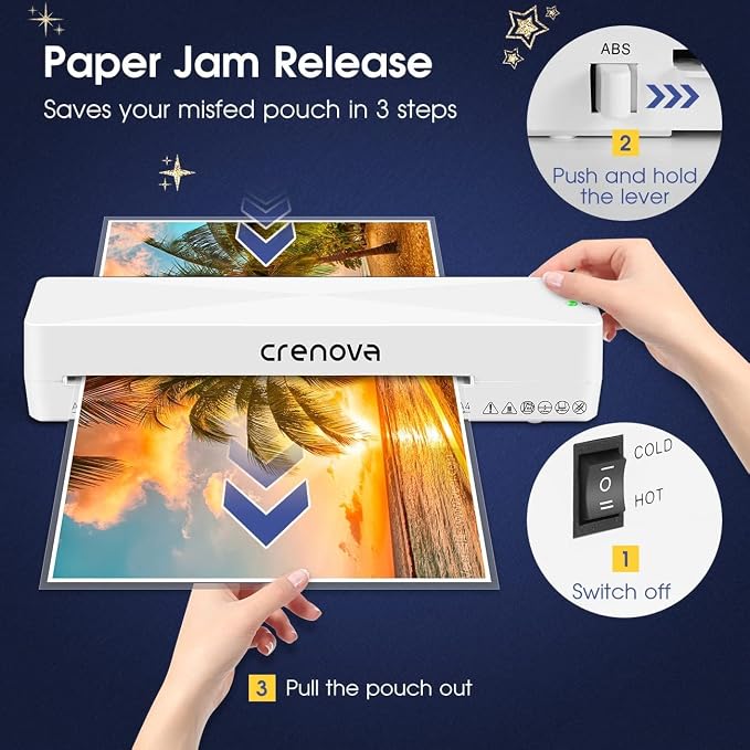 Crenova Laminator Machine with 10 Laminating Sheets, A4 Laminating Machine Hot & Cold with Fast Warm Technology, Thermal Laminator 9 Inch for Home Office School Business White