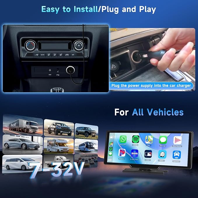 Podofo 10.26" Wireless CarPlay Car Stereo with 1080P Backup Camera, Portable Car Radio with Wireless Android Auto, IPS Touchscreen, Voice Control, Bluetooth, CarPlay Navigation, AUX/FM