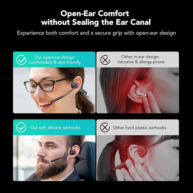 NUROUM OpenEar Pro Headphones with Mic, ENC Noise Reduction Microphone, Bluetooth 5.3 Multi-Point Connection, Sweatproof Wireless Headset for Work, 15H Comfort for Office/Business/Driving/Workout