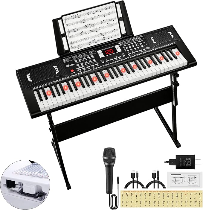 Keyboard Piano 61 Lighted Keys, Electric Keyboard Kit with 100 Voices, 100 Rhythms - Built-In Speaker, Microphone, Sheet Stand and Power Supply, Gift for Children Beginners [Black, Piano with Stand]