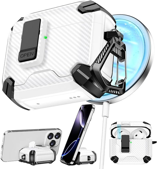 Pohgelan Compatible with AirPods 4 Case,Magnetic Automatic Lock with Phone Stand & Cleaning Kit,Compatible with Magsafe,Carbon Fiber Texture Cover -White