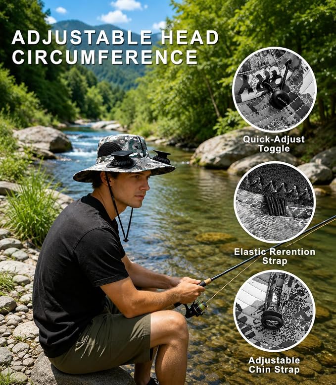 FUNHORUN Fishing Hat with Fans, Wide Brim Solar Fan Hat for Men Women, Outdoor Fishing Camping Hat with Neck Flap, Camo Bucket Hat