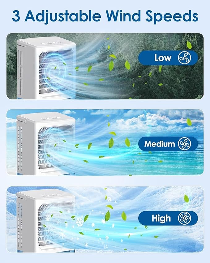 Mini Air Conditioner Small Portable AC Unit Portable Air Conditioners with 1500ml spray/hour 3 Speed Wind & 7 Colorful LED Light Cool Mist &Timer Evaporative Air Cooler for Bedroom/Home/Office