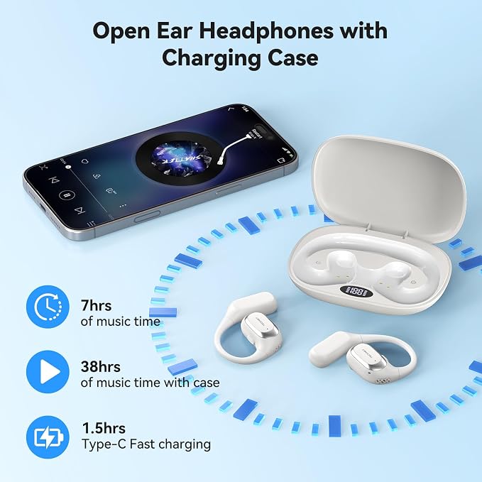 TECKNET Open Ear Earbuds, 6.0 Bluetooth Over Ear Earbuds with Smart Digital Display, 38H Playtime, IPX5 Waterproof Wireless Open Ear Headphones, Touch Control for Travel, Cycling, Running, White
