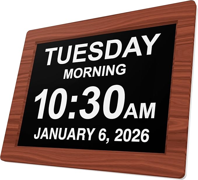 American Lifetime New 2026 Dementia Clock for Seniors, Alzeimer Clock Large Display with Custom Alarms, Clock with Day & Date for Elderly, Digital Calendar Premium Brown Wood 12"