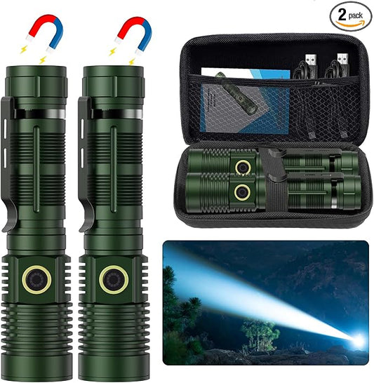 Small Tactical Flashlights High Lumens - 1500 Meters Long Beam Super Bright LED Magnetic Flashlight USB Rechargeable Zoomable 5Modes Long Beam Spotlight Flashlight for Hiking, Camping-dark Green