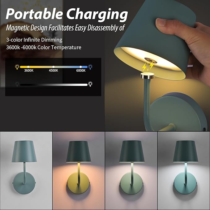 IMQSQIK LED Wireless Wall Lamp Set of 2, with 5600mAh Rechargeable Battery Powered Wall Sconces, Touch for Remote Control Infinite Dimming Be Used for Bedroom Mirror Living Room Wall Painting(Blue)