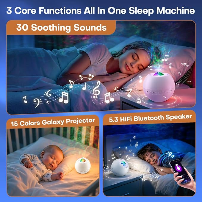 30 Sounds Machine Light Projector & Portable Bluetooth 5.3 Speaker, Premium Noise Machine for Adults & Baby, 15 Nebula Light Modes with Remote, Timer, Memory, Birthday Gifts for Teen & Adults