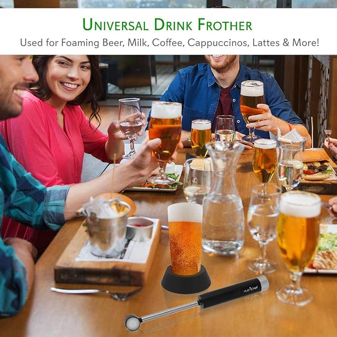 Portable Electric Ultrasonic Drink Frother - Battery Operated Handheld Beer Foam Maker Machine w/Stainless Steel Wand, 4.93 oz Glass - for Coffee, Milk, Cappuccino Latte - NutriChef PKBRFM32 (Black)