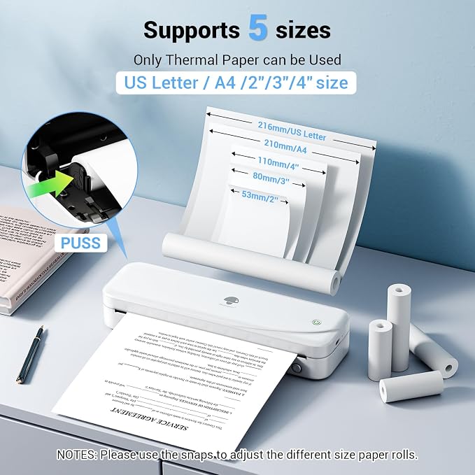 Phomemo Portable Inkless Wireless Printers for Travel, M833 Upgrade Bluetooth Thermal Printer with A4 Thermal Papers Sheet, Size 8.27"x11.69", 200 Sheets