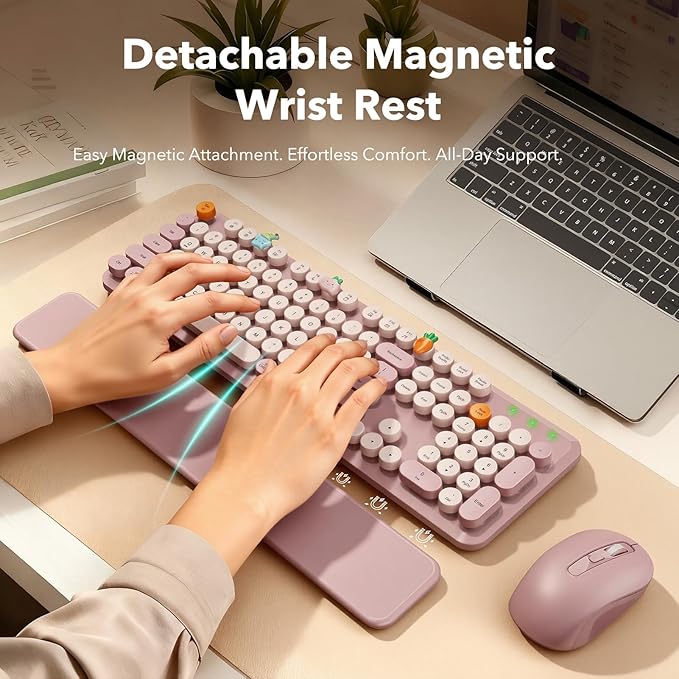 Wireless Keyboard and Mouse Combo, Full-Size Typewriter-Style Keyboard with Round Keycaps, Magnetic Wrist Rest, Tilt Legs, 2.4GHz Cordless for Mac, Windows PC, Laptop, SABLUTE CK23, Dusty Rose