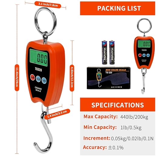 Digital Crane Scale 300kg/660lbs 200kg/440lbs with LED Handheld Mini Hanging Scale for Garage Farm Hunting Fishing Etc(200kg/Plastic Shell/Orange)