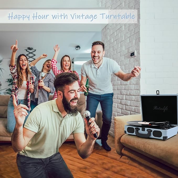 Vinyl Record Player 3-Speed Bluetooth Suitcase Portable Belt-Driven Record Player with Built-in Speakers RCA Line Out AUX in Headphone Jack Vintage Turntable Haze Blue