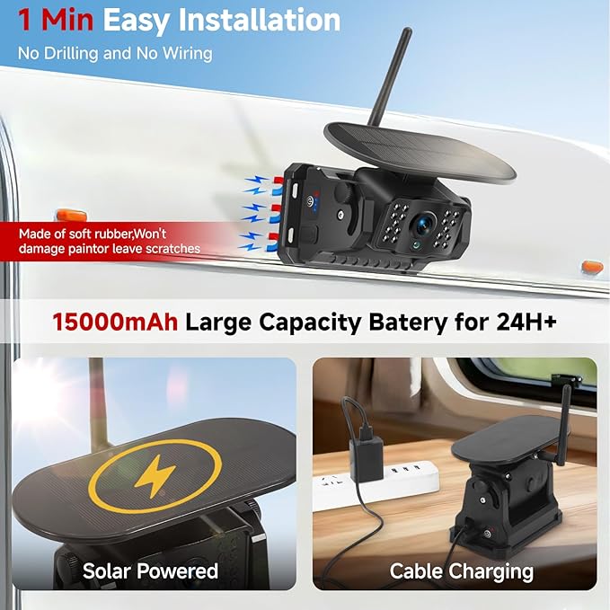 Magnetic Wireless Backup Camera with 7" 1080P 4CH Monitor for Truck | 15000mAh Battery Solar Powered Waterproof Reverse camera, DVR Recording, 500ft Range for Horse Trailer RV Pickup Tractor Boat