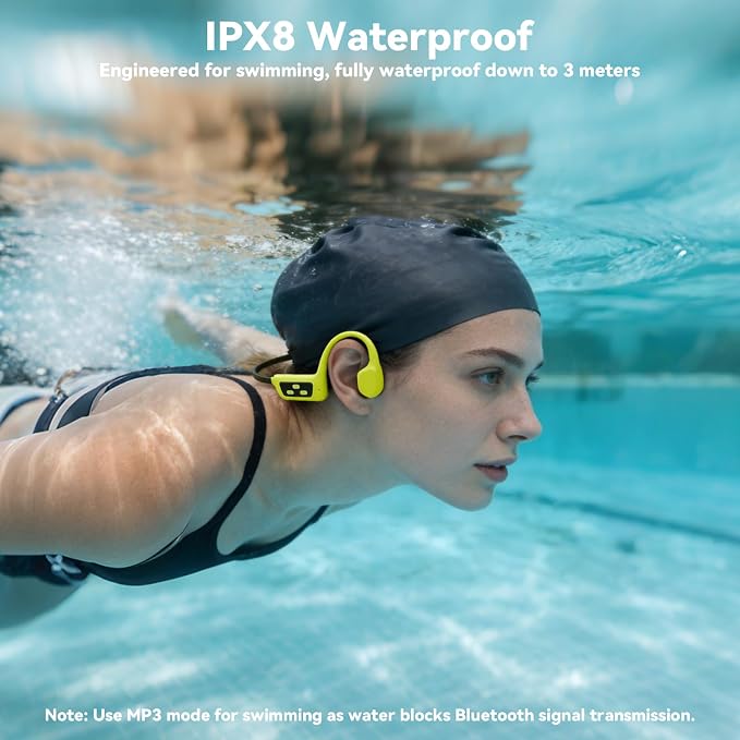 Bone Conduction Swimming Headphones, IPX8 Waterproof Open Ear Headphones with 8GB MP3 Player, Bluetooth 5.4 Wireless Headphones for Swimming, Pool Training & Underwater Sports, Green