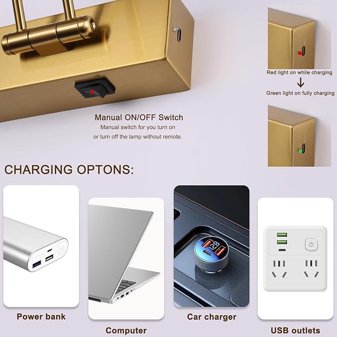 Battery Operated Picture Light with Remote,Wireless Gallery Lights Brass 12in Rechargeable Display Light with Flexible Swing Arm,Dimmable Wall Sconce for Artwork on Wall