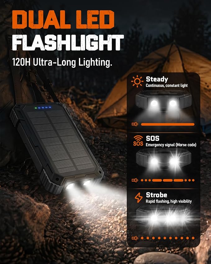 Solar Charger Power Bank - 49800mAh Solar Phone Charger with USB-C in/Output, QC 3.0 Fast Charging with LED Flashlight, Built-in 4 Cables, IP65 Waterproof Fits for Outdoor (Black)