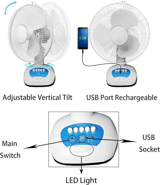 Solar Oscillating Fan, 15w Solar Powered 3-Speed 12-Inch Adjustable Tilt Fan, Ideal for Home, Office, white and gray