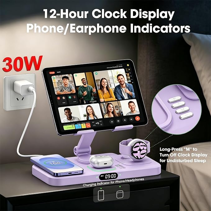 30W Tablet Wireless Charger for Samsung, Foldable Android Charging Station with Clock Display with 7-Color Light, Wireless Watch Charger for S25, Only Compatible Samsung Watch, Galaxy Buds3 Pro(Purple