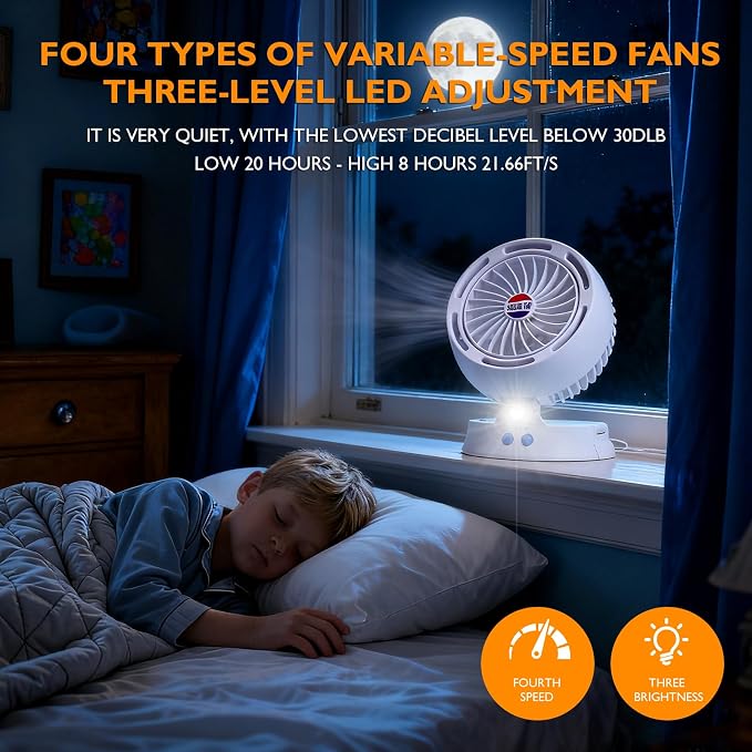 Rechargeable Camping Fan with Light - Solar Powered, USB/Battery Operated, 10400mAh, 4-Speed Adjustable, LED Lantern, Suitable for home and outdoor use.
