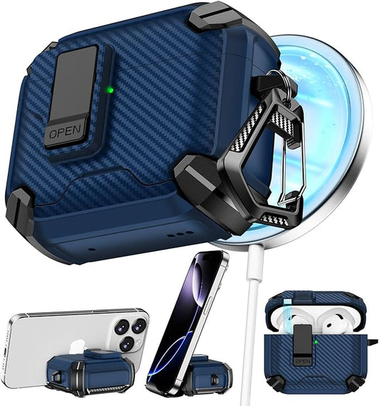 Pohgelan Compatible with AirPods 4 Case,Magnetic Automatic Lock with Phone Stand & Cleaning Kit,Compatible with Magsafe,Carbon Fiber Texture Cover -Blue
