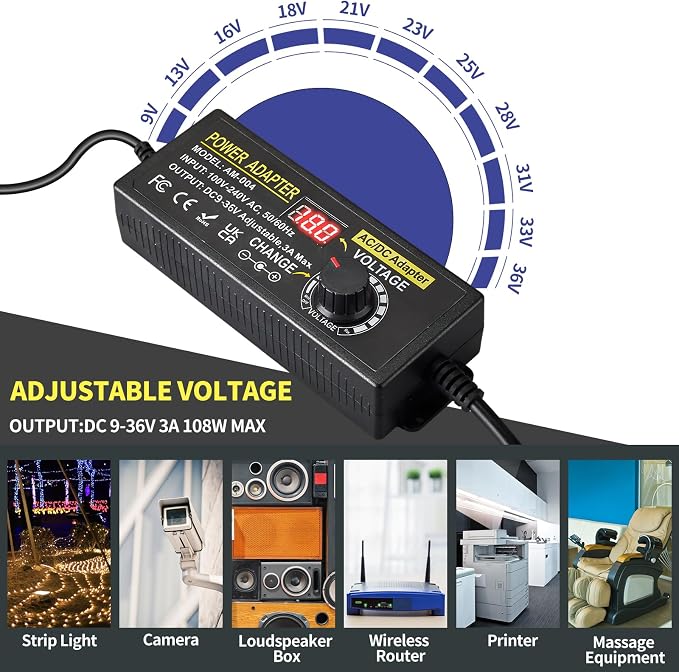 108W Universal Power Supply Adjustable 9V~36V DC Switching Adapter 100V-240V AC to DC Converter Transformer with LED Voltage Display,14 Tips & Polarity Converter,9V12V15V18V20V24V...36V Power Supply
