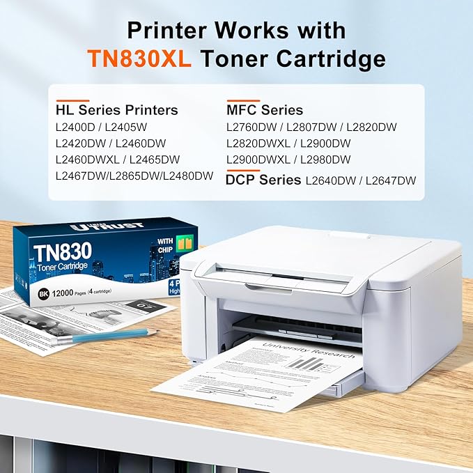 Compatible TN830XL Toner Cartridge Replacement for Brother TN830XL TN830 830XL Toner Work with Brother DCP-L2640DW HL-L2460DW HL-L2480DW HL-L2400D HL-L2405W MFC-L2820DW Printer 4 Pack TN830 High Yield