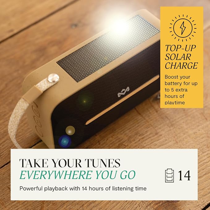 House of Marley Rise Up Solar Bluetooth Speaker, IP67 Waterproof, 14H Playtime, Solar Charging, Quick Charge, Eco-Friendly Recycled Materials, Bamboo Design & Bottle Opener (Signature Black)