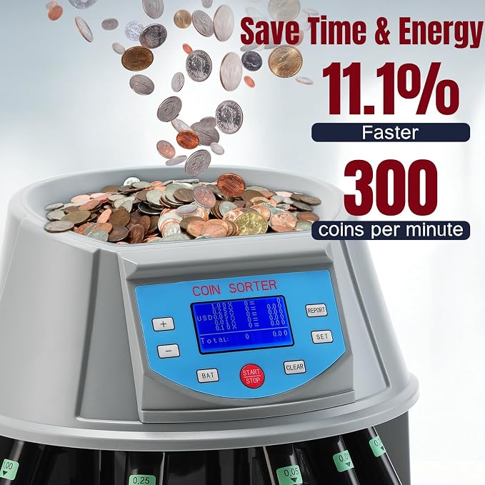 Coin Counter with LCD Dual-Display, Coin Sorter 300 Coins/min, Change Machine Large Capacity Hopper for 1￠ 5￠ 10￠ 25￠ $1, Included 5 Coin Bins & 5 Tubes & 5 Wrappers