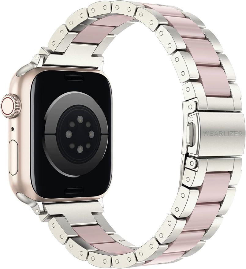 Wearlizer Compatible with Apple Watch Band 38/40/41/42mm Fashion Wristbands Womens, Stainless Steel + Resin Metal Replacement for iWatch Series 11 10 9 8 7 6 5 4 3 SE/Ultra 3 2 1-Starlight+Pink