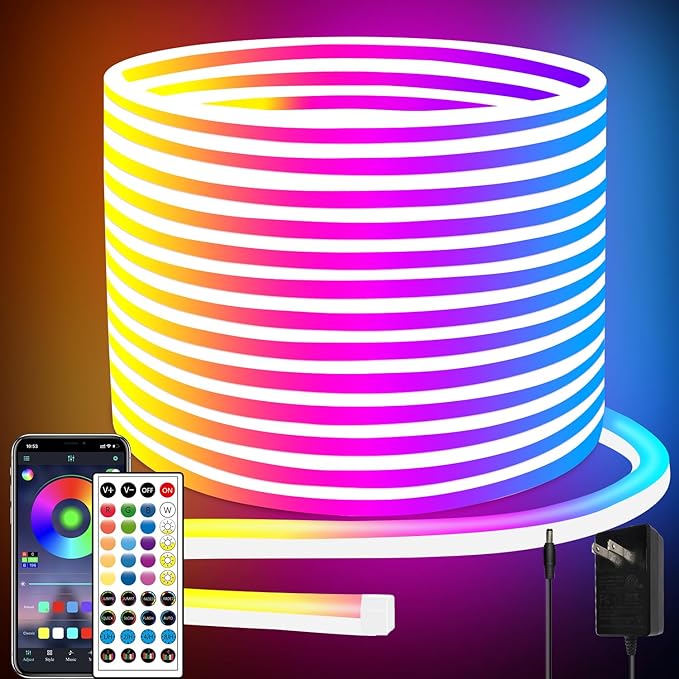 segrass 66FT Led Neon Rope Lights Control with App/Remote,Flexible Led Rope Lights,Multiple Modes,IP65 Outdoor RGB Neon Lights Waterproof,Music Sync Gaming Led Neon Strip Lights for Bedroom Décor