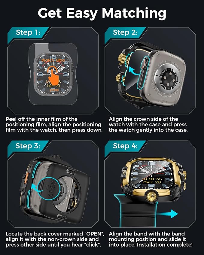 Goton Rugged Case and Band Kit with Screen Protector for Apple Watch 49mm, Compatible with Apple Watch Ultra 3/2/1, Full Body Shockproof Metal+PC Bumper Cover with Soft Band, 49mm Gold