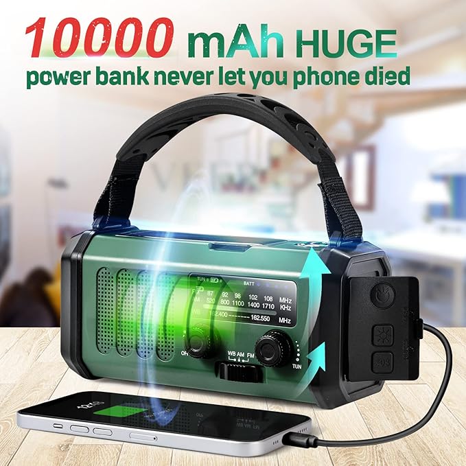 NOAA Emergency Weather Radio,Best Portable 10000mAh Battery/Hand Crank/Solar Powered AM/FM Wind Up Radios,Type-C Phone Charger,Flashlight,Reading Lamp,Compass,SOS Survival Alert,Power Outages Outdoor