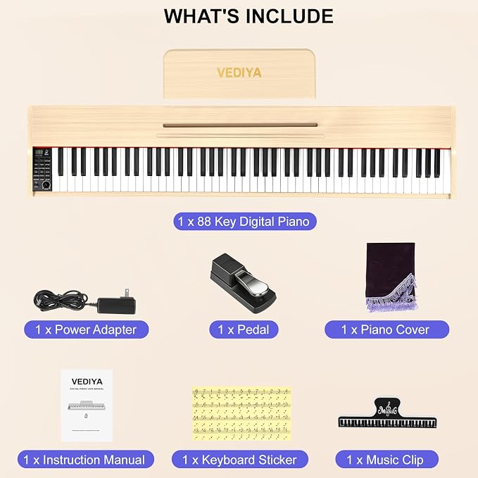 Digital Piano Keyboard 88 key,Semi-Weighted Electric Piano,Full Size Acoustic Piano for Beginners with,Pedal, USB-MIDI Compatibility (Apricot)