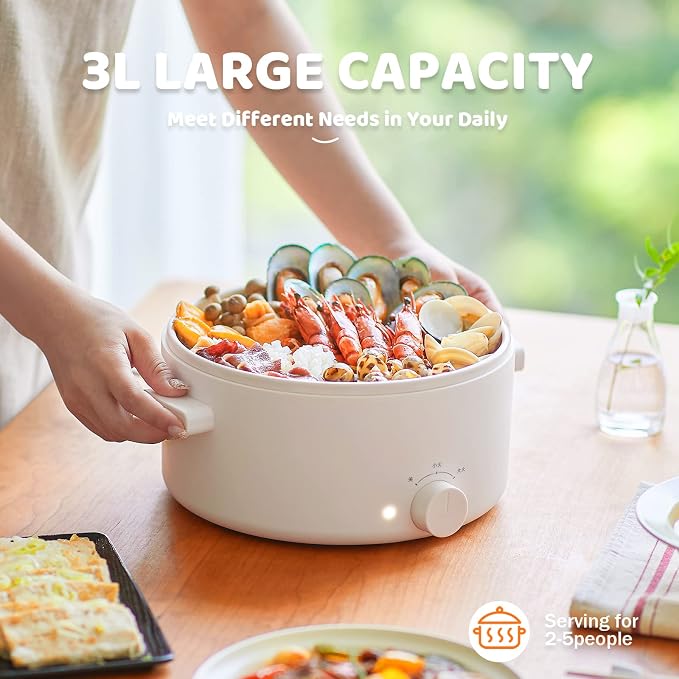 Hot Pot Electric, 3L Portable Electric Pot with Ceramic Non-stick Coating, Dual Power Multi-functional Romen Cooker for Steak, Pasta, Hot Pot, Ramen (Ceramic (inner surface), White)