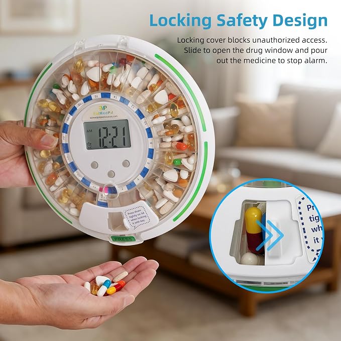 EziMedPil Automatic Pill Dispenser with Alarm for the Elderly | 28-Day Clear Lid & LCD Display Monitoring Pill Organizer with Sound-Light Reminders, 6 Daily Alarms & Lock Design for Pills
