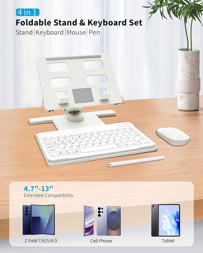 Desk Stand and Bluetooth Keyboard Combo for Samsung Galaxy Z Fold 7/6/5/4/Z Trifold, 4 in 1 Set Include Mouse Pen, Adjustable Foldable Tablet Stand Holder Fits for Motorola Razr Fold 2026