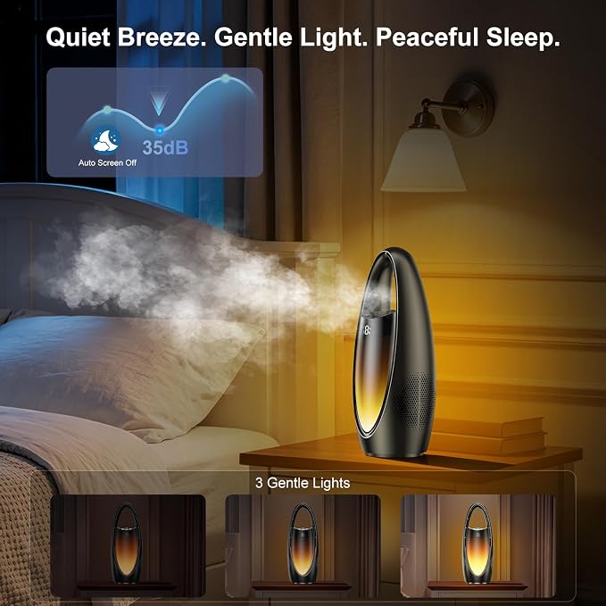 KONSIDEN Bladeless Misting Desk Fan, 13 Inch Rechargeable 3500mAh Quiet Small Personal Table Fan, 9 Speeds & 9H Timer, 60° Oscillation, 180ml Water Tank & Night Light for Bedroom Office Home Outdoor