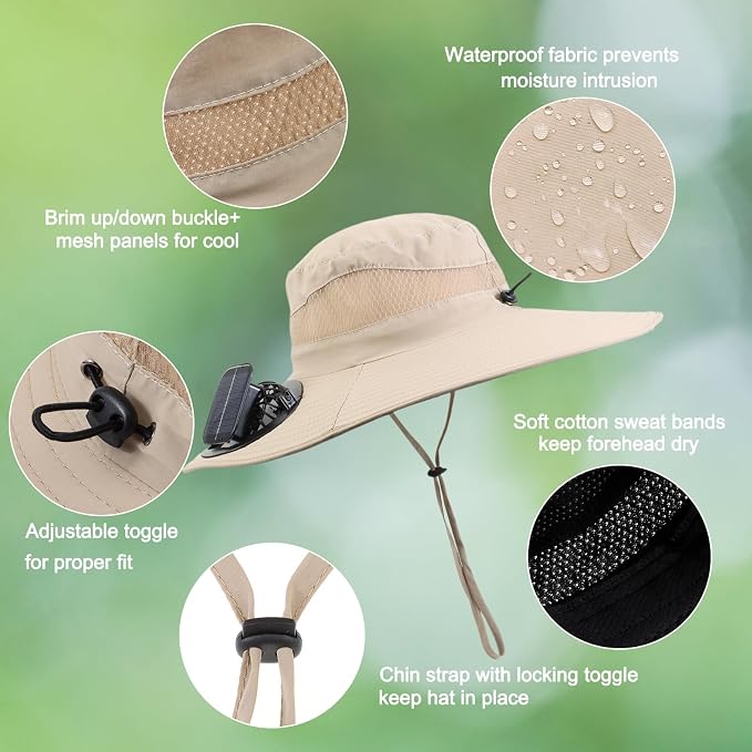 Outdoor Solar Powered Fan Hat for Men Women Breathable Wide Brim Hat with 2 Fans UPF 50+ Fishing Hat Beach Bucket Sun Hat