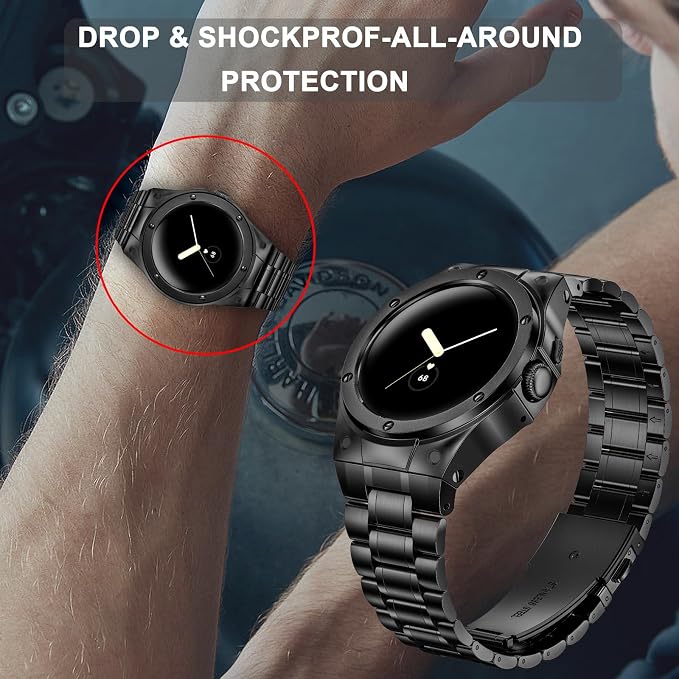 SUPLINK Stainless Steel Case and Bands Compatible with Google Pixel Watch 3 45mm Band for Men, Rugged Metal Protective Case Adjustable Replacement Strap for Pixel Watch 3 45mm (2024) - Black