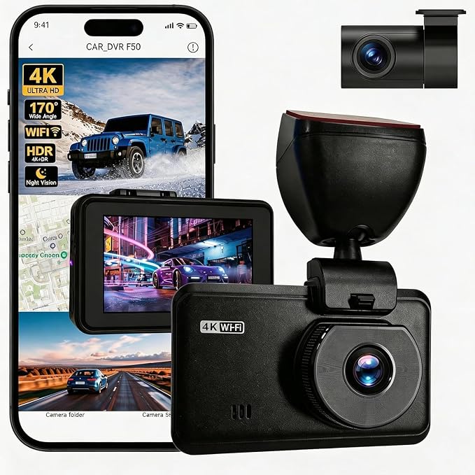 Wireless Dash Cam Front and Rear, 4K +2.5KHD 2-Channel Dashcam, Built - in WiFi GPS, Night Vision, Loop Recording, 24H Parking Mode, G-Sensor and 3” IPS Screen;Memory Card not Included