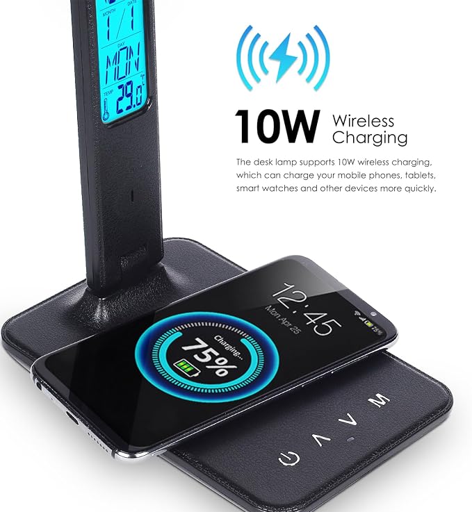 Smart Alarm Clock Lamp with Transparent Display,Wireless Charger Station,Dimmable Table Lamp with 3 Color Modes 5 Brightness,180° Flexible Desk Light for Bedroom,T26 Black.