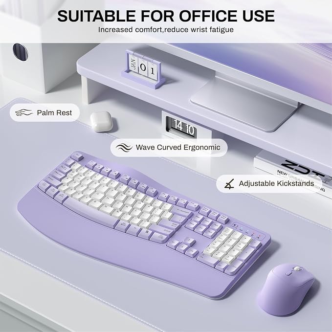 Wireless Keyboard and Mouse Combo,2.4G Full Size Wave Keys Ergonomic Keyboard with Wrist Rest for Natural Typing, 3 DPI Adjustable Ergonomic Mouse for Computer/Laptop/Windows/Mac (Purple & White-B)