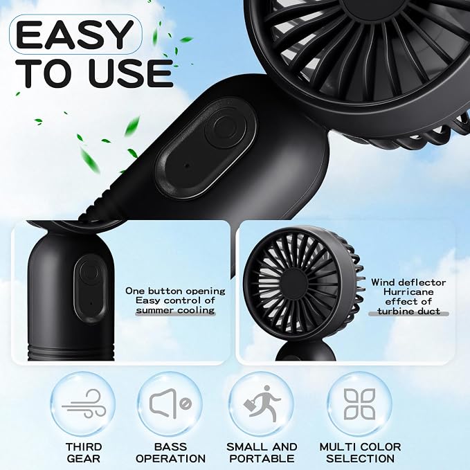 Rossesay 3 Pcs Mini Portable Fan Bulk Cute Handheld Lightweight Small Little Personal Hand Eyelash Fan 3 Speeds USB Rechargeable for Women Men Indoor Outdoor Makeup Travel (Black)