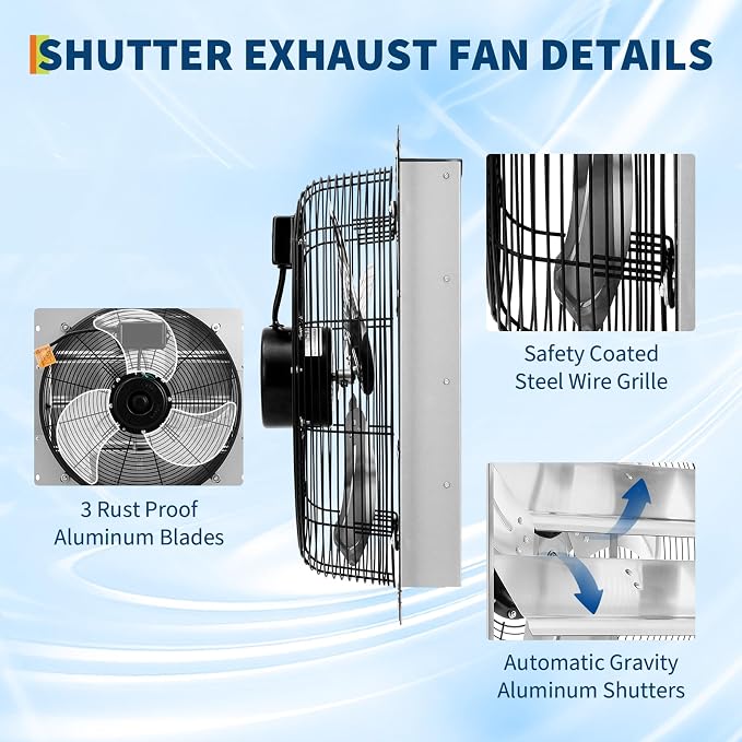 GarveeHome 16 Inch Automatic Shutter Exhaust Fan Wall Mount, 2000 CFM High Speed Attic Ventilation with Quiet 1500 RPM Motor for Attic, Garage, Greenhouse & Shed