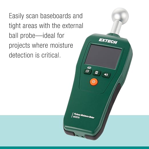Extech MO57A Compact Pinless Ball Probe Moisture Meter - Non-Destructive Spherical Sensor Tester for Water Damage, Wood and Drywall, Up to 4-Inch Depth Detection with Audible Alert