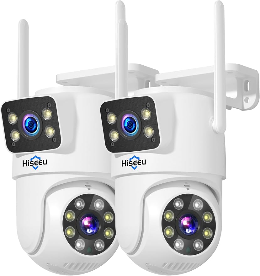 Hiseeu 2Pack Wireless Security Camera, Dual Lens WiFi PTZ Camera Outdoor